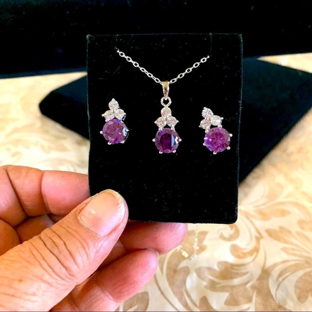 Vintage Amethyst Necklace & Stud Earrings Icy Crystal Accents
